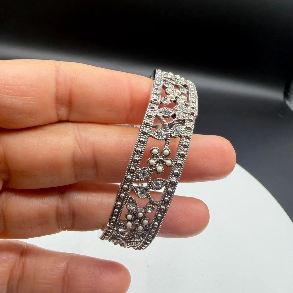Silver Tone Floral Rhinestone Faux Pearl Filigree Wide Stretch Cuff Bracelet